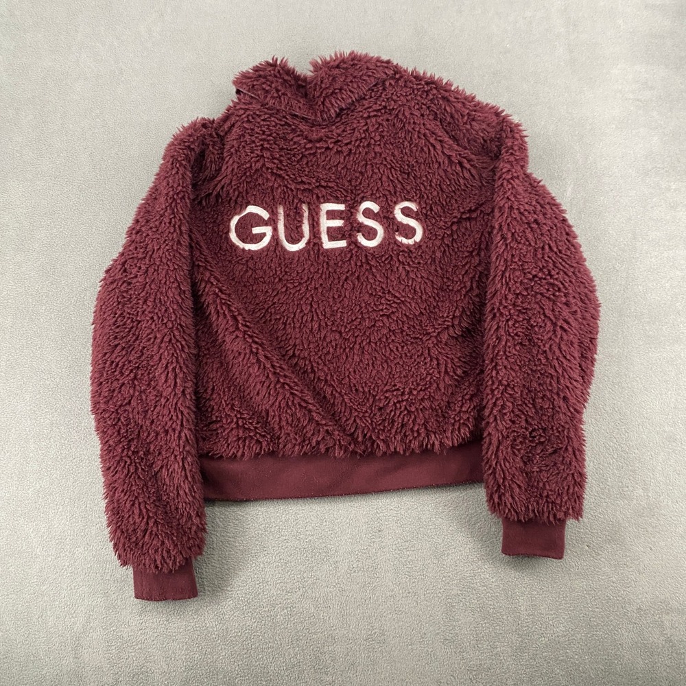 Guess Los Angeles Faux Fur Teddy Jacket Burgundy Wine Zip Up Logo Back Small